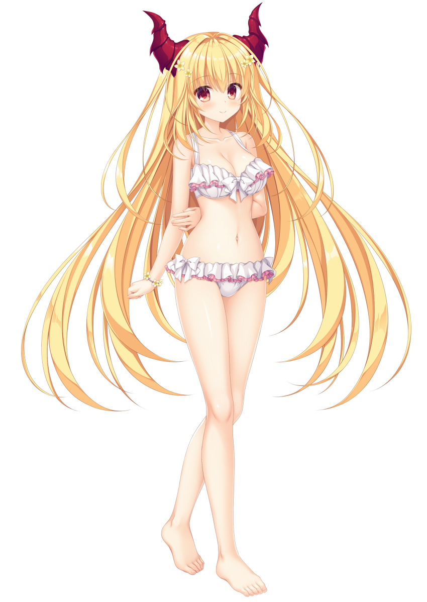 1girl, absurdres, arms_behind_back, barefoot, bikini, blonde_hair, blush, bow