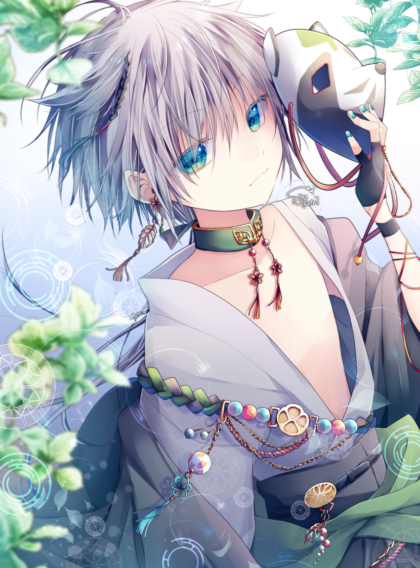 1boy, blue_eyes, character_mask, ear_piercing, grey_hair, highres, japanese_clothes, kimono