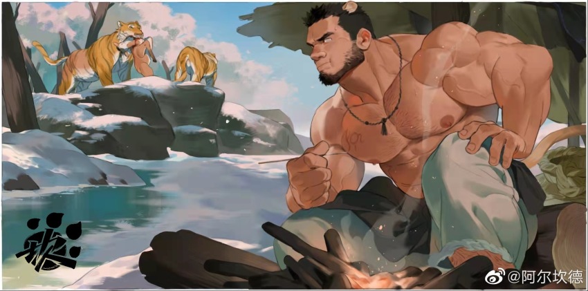 1boy, abs, alca_(wakatanka4), animal_ears, atcesolcyc, bara, beard, black_hair