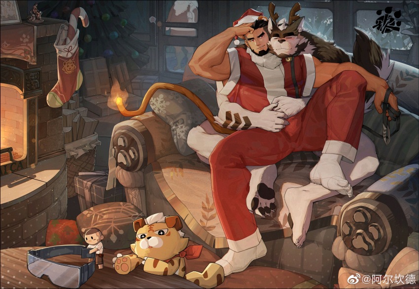 2boys, absurdres, alca_(wakatanka4), alternate_costume, animal_collar, animal_ears, antlers, bara