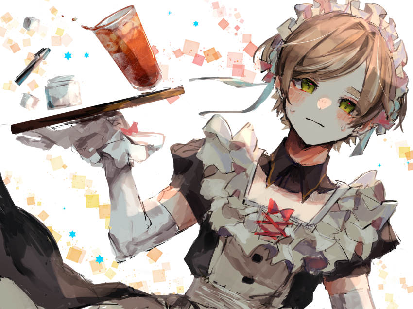 1boy, absurdres, apron, blush, brown_hair, crossdressing, crossdressing_(mtf), cup