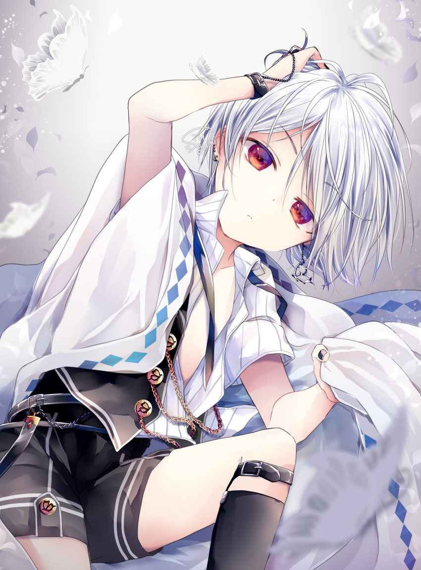 1boy, ear_piercing, grey_background, highres, male_focus, nail_polish, original, pale_skin