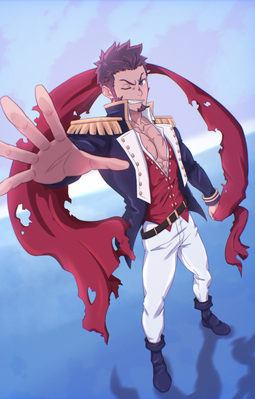 1boy, absurdres, blue_eyes, boots, brown_hair, cross_scar, danzen, epaulettes