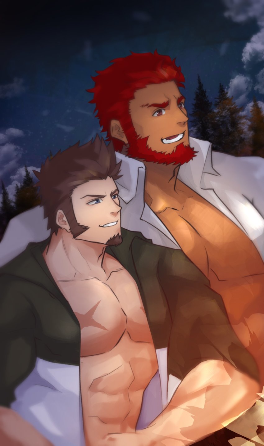 2boys, absurdres, alternate_costume, bara, beard, black_jacket, blue_eyes, brown_hair