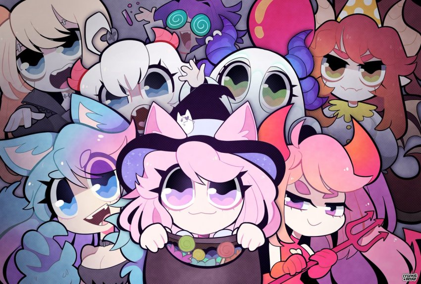 6+girls, @_@, animal_ear_fluff, animal_ears, apricot_the_lich, bag, balloon, black_jacket, candy, cat_ears, cat_girl, chibi, crankie, demon_horns, demon_tail, everyone, eyebrows_hidden_by_hair, food, ghost_costume, glasses, green_eyes, halloween_costume, hat, hime_hajime, holding, holding_bag, holding_pitchfork, horns, ironmouse, jacket, looking_at_viewer, melody_(projektmelody), multiple_girls, multiple_horns, nyatasha_nyanners, object_through_head, open_hand, outstretched_arms, party_hat, pitchfork, ponytail, purple_eyes, red_hair, screw_in_head, short_side_ponytail, side_ponytail, silvervale, smile, tail, vei_(vtuber), virtual_youtuber, vshojo, wolf_ears, wolf_girl, zentreya, zentreya_(dragon), zombie_pose