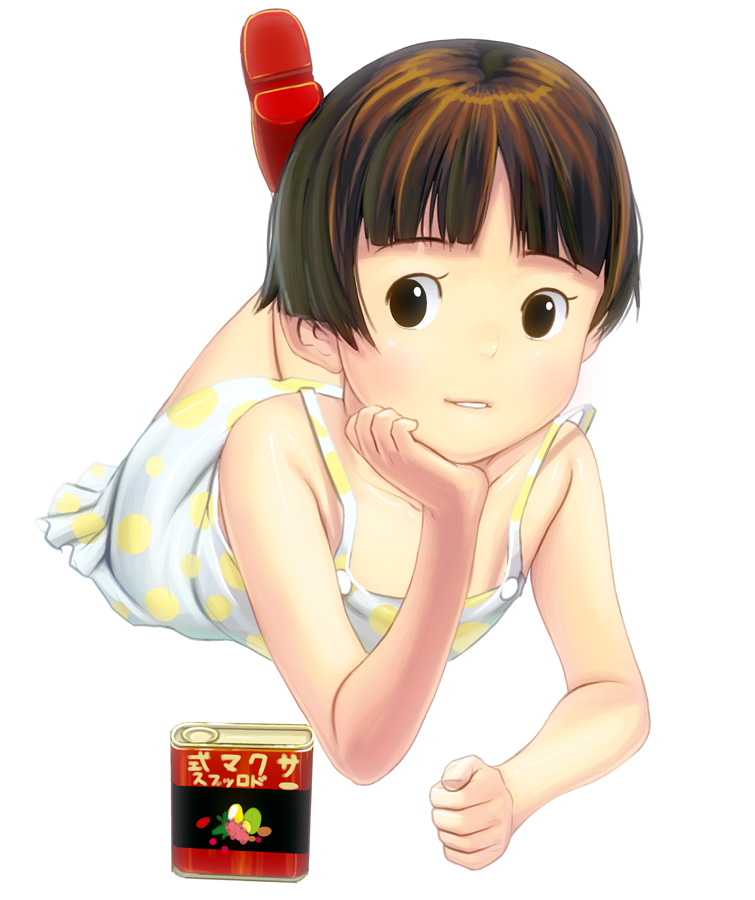 1980s_(style), bad_id, bad_pixiv_id, black_eyes, black_hair, blunt_bangs, bob_cut, food, full_body, hotaru_no_haka, kouno_(masao), lying, oldschool, retro_artstyle, setsuko_(hotaru_no_haka), short_hair, solo, tin_(container)