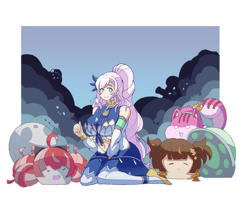 3girls, ^_^, animal_ear_fluff, animalization, anya_melfissa, bibi_(tokoyami_towa), blue_dress, breasts, closed_eyes, clothing_cutout, detached_sleeves, dress, fangs, feilereht, green_eyes, head_only, hololive, hololive_english, hololive_indonesia, holomyth, kureiji_ollie, large_breasts, long_hair, looking_at_viewer, multiple_girls, navel, oozora_subaru, open_mouth, pavolia_reine, pavolia_reine_(1st_costume), ponytail, riscot_(ayunda_risu), silver_hair, smile, solo, squirrel, stomach_cutout, takanashi_kiara, two_side_up, very_long_hair, virtual_youtuber, watson_amelia