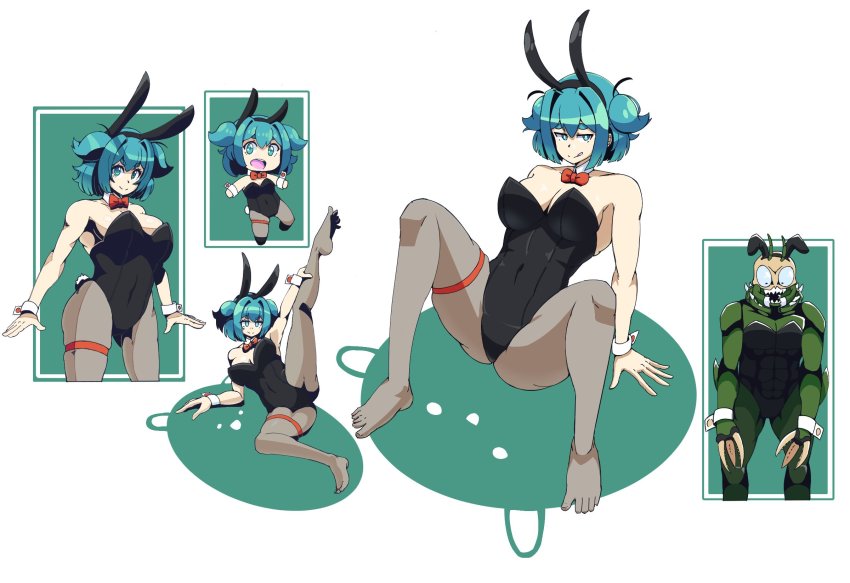 1boy, 1girl, animal_ears, aria_rin, bag, black_hairband, black_leotard, black_pantyhose, blue_eyes, blue_hair, bow, bowtie, breasts, caleb_horus, chibi, collarbone, commentary, covered_navel, crossdressing, detached_collar, english_commentary, fake_animal_ears, feilereht, hairband, highres, indie_virtual_youtuber, leg_up, leotard, medium_breasts, monster, pantyhose, playboy_bunny, rabbit_tail, red_bow, shadow, short_hair, soles, thighhighs, two_side_up, virtual_youtuber, white_background, wrist_cuffs