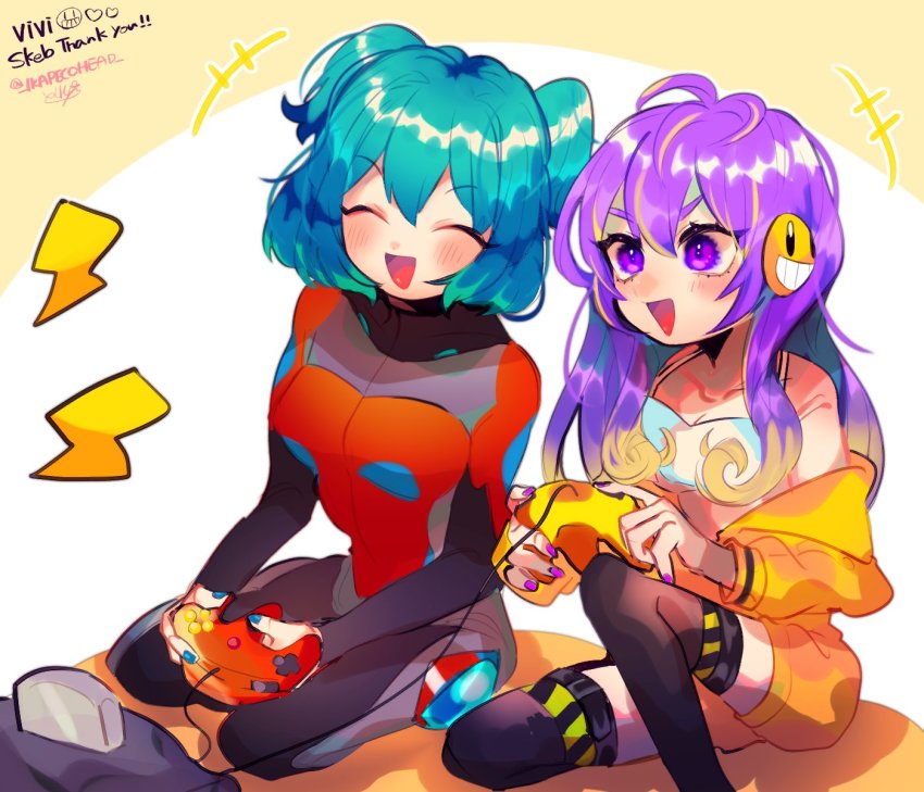 2girls, ^_^, aria_rin, black_legwear, blue_hair, breasts, cleavage, closed_eyes, collarbone, commentary, commission, controller, english_commentary, game_cartridge, game_console, game_controller, highres, holding, holding_controller, hood, hoodie, indie_virtual_youtuber, medium_breasts, mixed-language_commentary, multiple_girls, nintendo_64, nintendo_64_controller, off_shoulder, repikinoko, second-party_source, short_hair, sitting, skeb_commission, smile, thighhighs, two_side_up, v-shaped_eyebrows, virtual_youtuber, vividly_vivi, yellow_hoodie