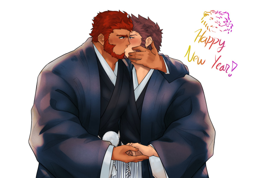 2boys, absurdres, alternate_costume, bara, beard, black_kimono, blue_eyes, blush
