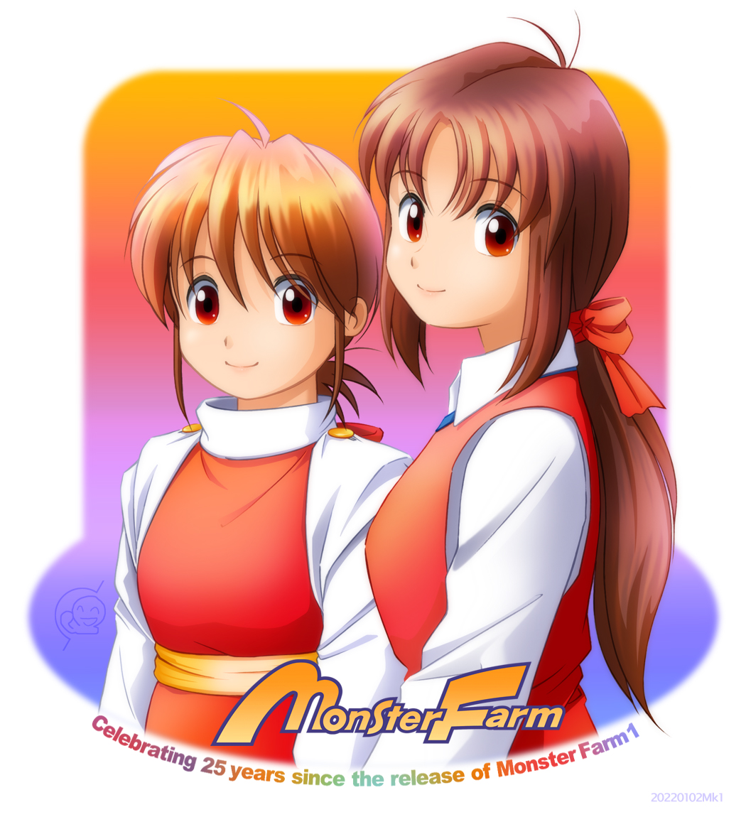 1990s_(style), 2020, 2girls, ahoge, antenna_hair, bow, brown_hair, colt_(monster_farm)