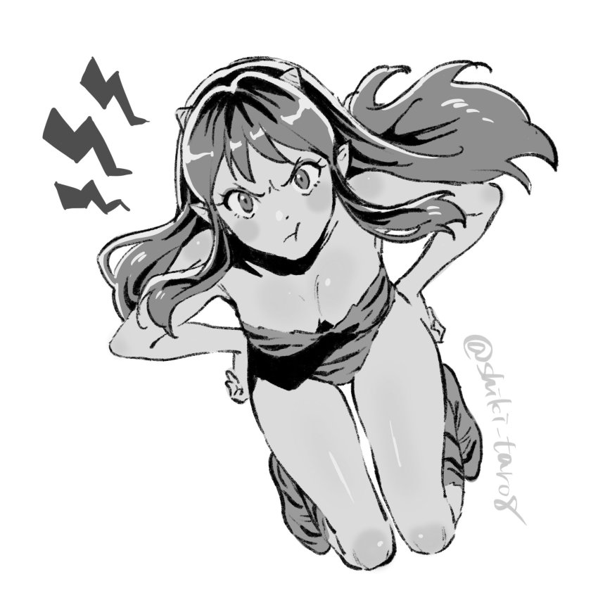 1girl, angry, animal_print, bare_arms, bikini, breasts, commentary, cone_horns, full_body, greyscale, hands_on_own_hips, highres, horns, kunieda_(miniaturegarden), long_hair, looking_at_viewer, lum, medium_breasts, monochrome, oni, pout, solo, swimsuit, tiger_print, twitter_username, urusei_yatsura