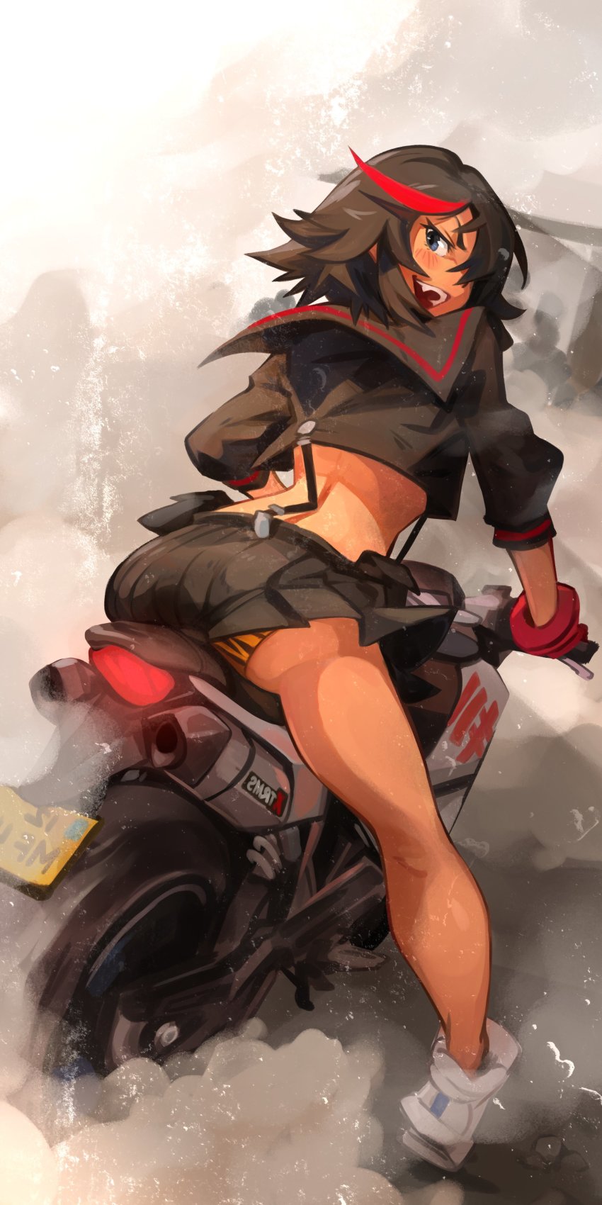 1girl, absurdres, animal_print, blue_eyes, commentary, driving, english_commentary, flat_tire, forest, gloves, highres, kamui_(kill_la_kill), khyle., kill_la_kill, looking_back, matoi_ryuuko, medium_hair, motor_vehicle, motorcycle, multicolored_hair, nature, panties, red_gloves, red_hair, riding, school_uniform, senketsu, shoes, single_glove, skirt, smoke, smoke_trail, sport_motorcycle, streaked_hair, suspender_skirt, suspenders, tiger_print, underwear, white_shoes