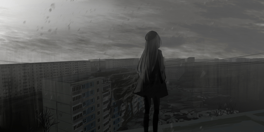 1girl, absurdres, bare_tree, beret, black_dress, black_hat, black_pantyhose, chihuri