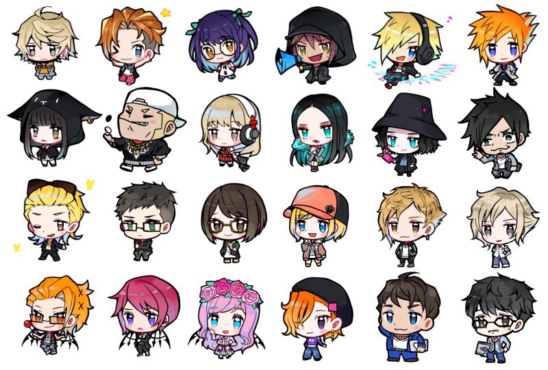 6+boys, 6+girls, animal, animal_hood, animal_on_shoulder, atarashi_coco, ayano_(ntwewy), backpack, backwards_hat, bag, baseball_cap, beret, bito_daisukenojo, bito_raimu, black_coat, black_hair, black_headwear, black_wings, blue_eyes, brown_hair, cat_hood, chibi, clothes_writing, coat, computer, dark-skinned_male, dark_skin, ear_piercing, everyone, face_mask, facial_mark, furesawa_tosai, fuya_(ntwewy), glasses, grey_hair, hair_over_one_eye, hat, headphones, hime_cut, hishima_(ntwewy), holding, holding_megaphone, holding_stuffed_toy, hood, hoodie, iguana_(animal), kaie_(ntwewy), kanade_rindo, kanon_(ntwewy), kariya_koki, kiryu_yoshiya, kubo_(ntwewy), laptop, lipstick, lizard, long_coat, long_hair, makeup, mask, matsunae_tsugumi, megaphone, mikagi_hazuki, minamimoto_sho, misaki_shiki, motoi_(ntwewy), mouth_mask, multiple_boys, multiple_girls, nyantan, orange_eyes, orange_hair, orange_hoodie, pants, piercing, pink_hair, plaid_clothes, plaid_pants, purple_hair, purple_shirt, rectangular_eyewear, round_eyewear, sakuraba_neku, sakurane_shoka, shiba_(ntwewy), shin_subarashiki_kono_sekai, shirt, spiked_hair, spiked_wings, stuffed_animal, stuffed_cat, stuffed_toy, subarashiki_kono_sekai, sunglasses_on_head, susukichi_(ntwewy), undercut, usui_nagi, whisker_markings, white_shirt, wings, yashiro_uzuki, yellow_eyes