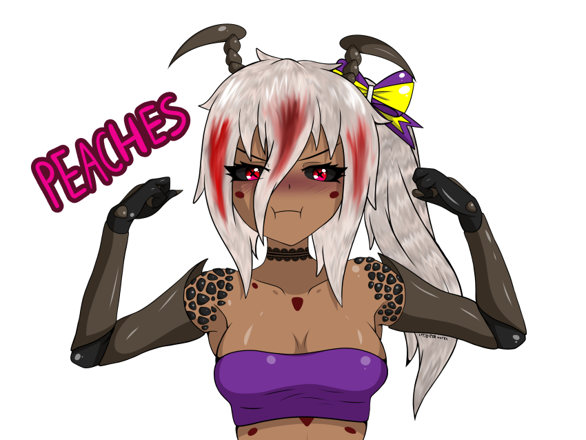 absurdres, alien, arthropod_girl, black_sclera, bow, breasts, choker, colored_sclera