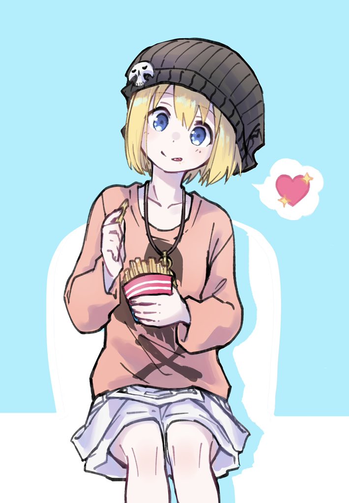 1girl, beanie, bell, bito_raimu, black_hat, blonde_hair, blue_eyes, collarbone