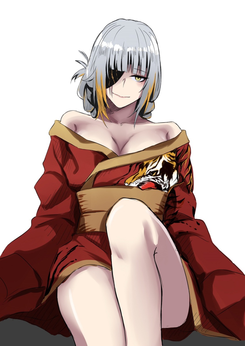 1girl, alternate_costume, bare_shoulders, blunt_bangs, blush, breasts, cleavage, eyepatch