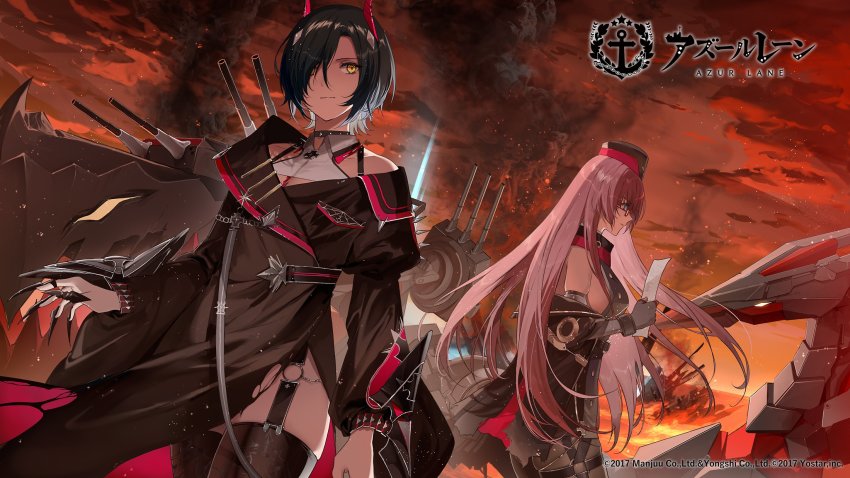 2girls, artillery, azur_lane, bare_shoulders, black_coat, black_hair, black_headwear, blue_eyes