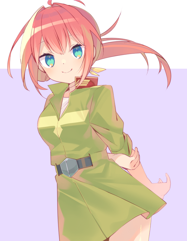 1girl, 2y_(tsuyu), ahoge, alma_stirner, belt, breasts, commentary, green_eyes