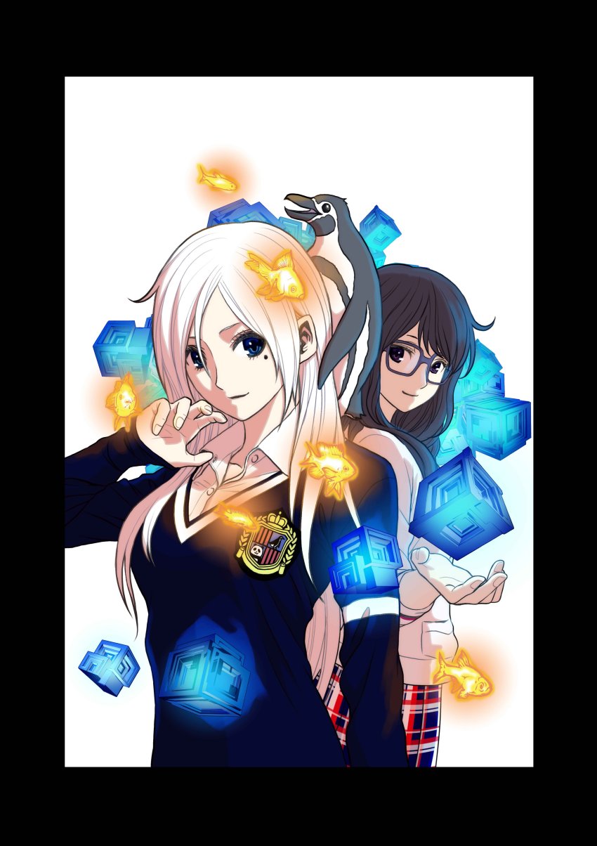 2girls, absurdres, bird, black_border, border, breasts, closed_mouth, highres