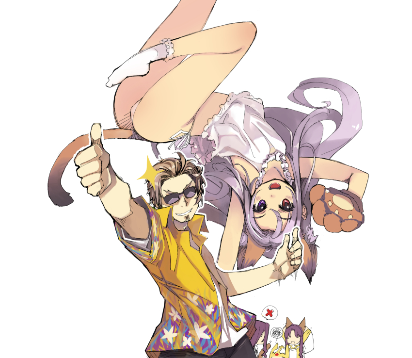 1boy, 3girls, alternate_costume, animal_ears, animal_hands, ass, blush, camisole, collared_shirt, commentary_request, crown, facial_hair, foot_out_of_frame, gloves, goatee, grey_hair, grin, hawaiian_shirt, heterochromia, highres, lazy_(ragnarok_online), light_brown_hair, long_hair, looking_at_viewer, mil_(xration), multiple_girls, nemma, open_mouth, panno, panties, paw_gloves, pope_(ragnarok_online), purple_eyes, purple_hair, ragnarok_online, red_eyes, shirt, short_hair, simple_background, smile, socks, sparkle, sunglasses, thumbs_up, underwear, upper_body, upside-down, white_background, white_camisole, white_legwear, white_panties, white_shirt, yellow_shirt