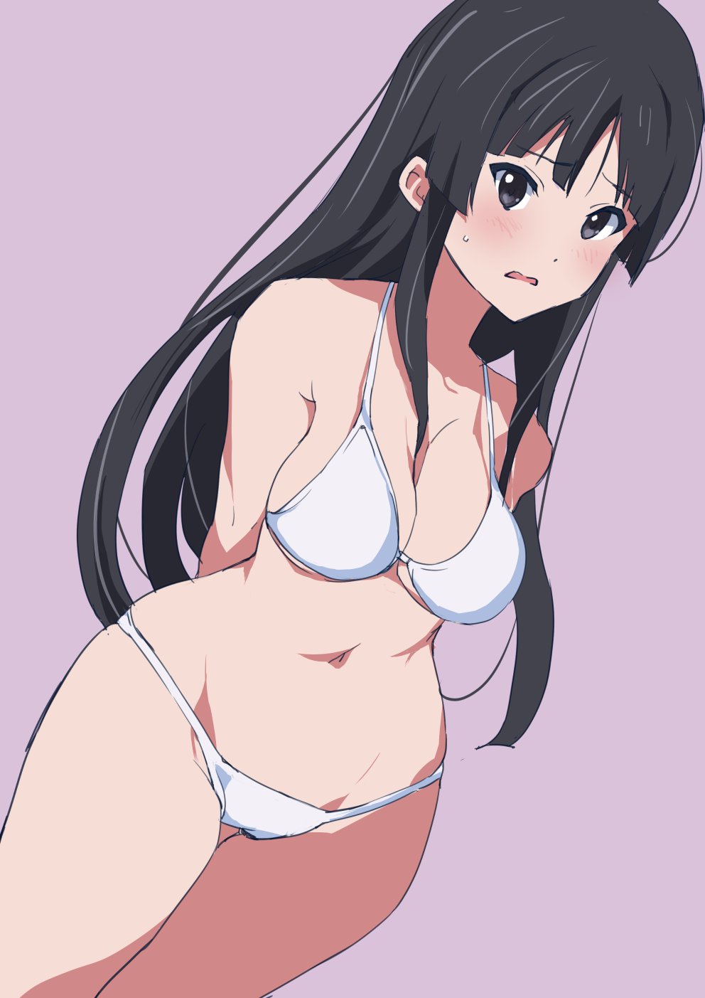 1girl, akiyama_mio, arm_behind_back, beige_background, bikini, black_eyes, black_hair, blunt_bangs