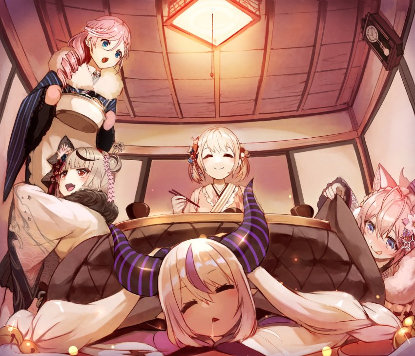 5girls, :q, animal_ears, bell, blonde_hair, bowl, ceiling_light, chopsticks, clock, closed_eyes, drill_hair, flower, grey_hair, hair_bell, hair_bun, hair_flower, hair_ornament, hakui_koyori, highres, hololive, holox, horns, hug, indoors, japanese_clothes, kazama_iroha, kimono, kotatsu, la+_darknesss, licking_lips, multiple_girls, pink_hair, pot, sakamata_chloe, sakamata_chloe_(new_year), saliva, single_hair_bun, sue_(bg-bros), table, takane_lui, takane_lui_(new_year), tongue, tongue_out, twintails, under_kotatsu, under_table, virtual_youtuber