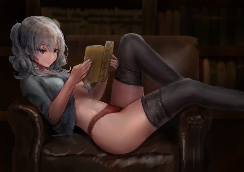1girl, armchair, black_thighhighs, blue_eyes, book, breasts, chair, haruto_(harut_n), holding, holding_book, kantai_collection, kashima_(kancolle), medium_breasts, no_bra, panties, reading, red_panties, silver_hair, solo, thighhighs, twintails, underwear, wavy_hair