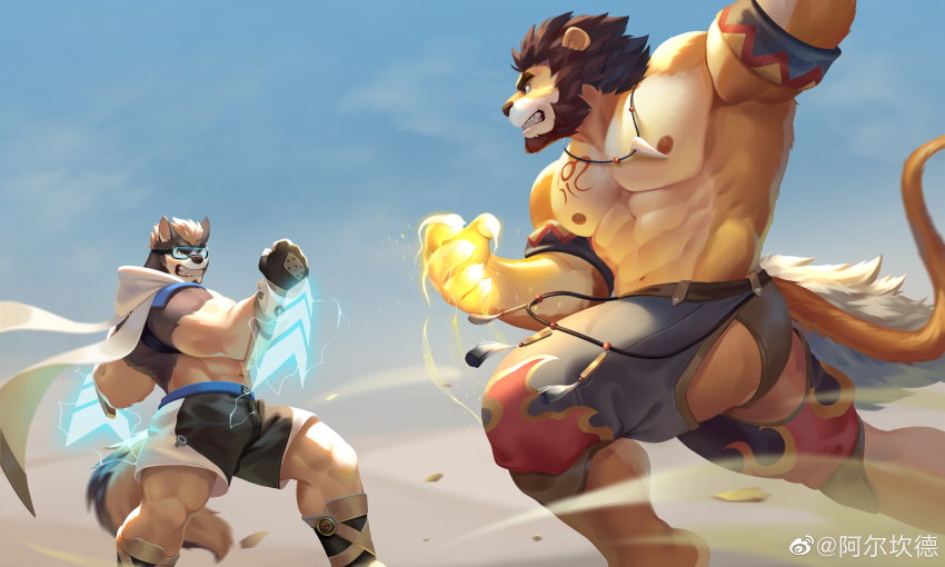 2boys, abs, absurdres, alca_(wakatanka4), alca_the_lion, animal_ears, bara, battle