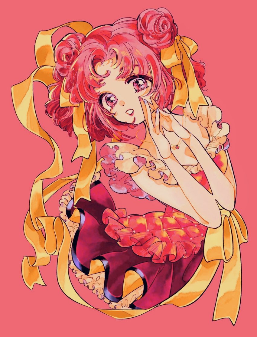 1990s_(style), 1girl, amaharu_wasure, double_bun, dress, fingers_together, frilled_dress, frills
