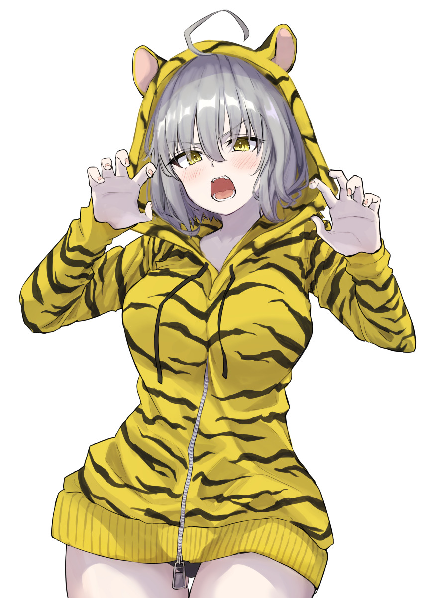 1girl, absurdres, ahoge, alternate_costume, animal_hood, animal_print, black_panties, breasts