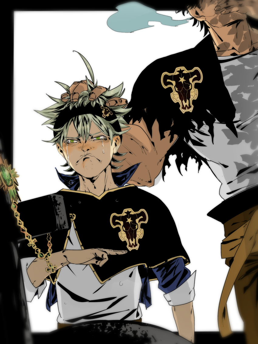 2boys, asta_(black_clover), black_capelet, black_clover, blush, capelet, crying, crying_with_eyes_open, head_out_of_frame, headpat, highres, male_focus, mature_male, multiple_boys, muscular, muscular_male, nose_blush, octo33, pectorals, salute, short_hair, smoking, solo_focus, tank_top, tears, torn_capelet, torn_clothes, white_tank_top, yami_sukehiro
