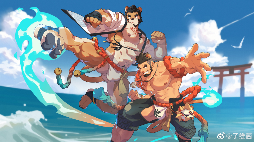 2boys, abs, absurdres, alca_(wakatanka4), alca_the_lion, animal_ears, bara, bare_pectorals
