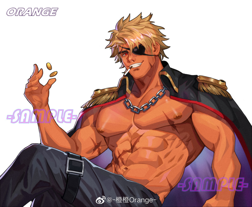 1boy, abs, bara, bare_pectorals, blonde_hair, borrowed_character, chengzibaobaozhu, cigarette