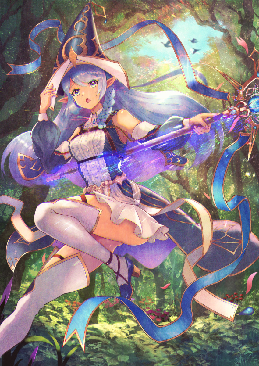 1girl, absurdres, bird, blue_eyes, blue_hair, braid, dappled_sunlight, detached_sleeves