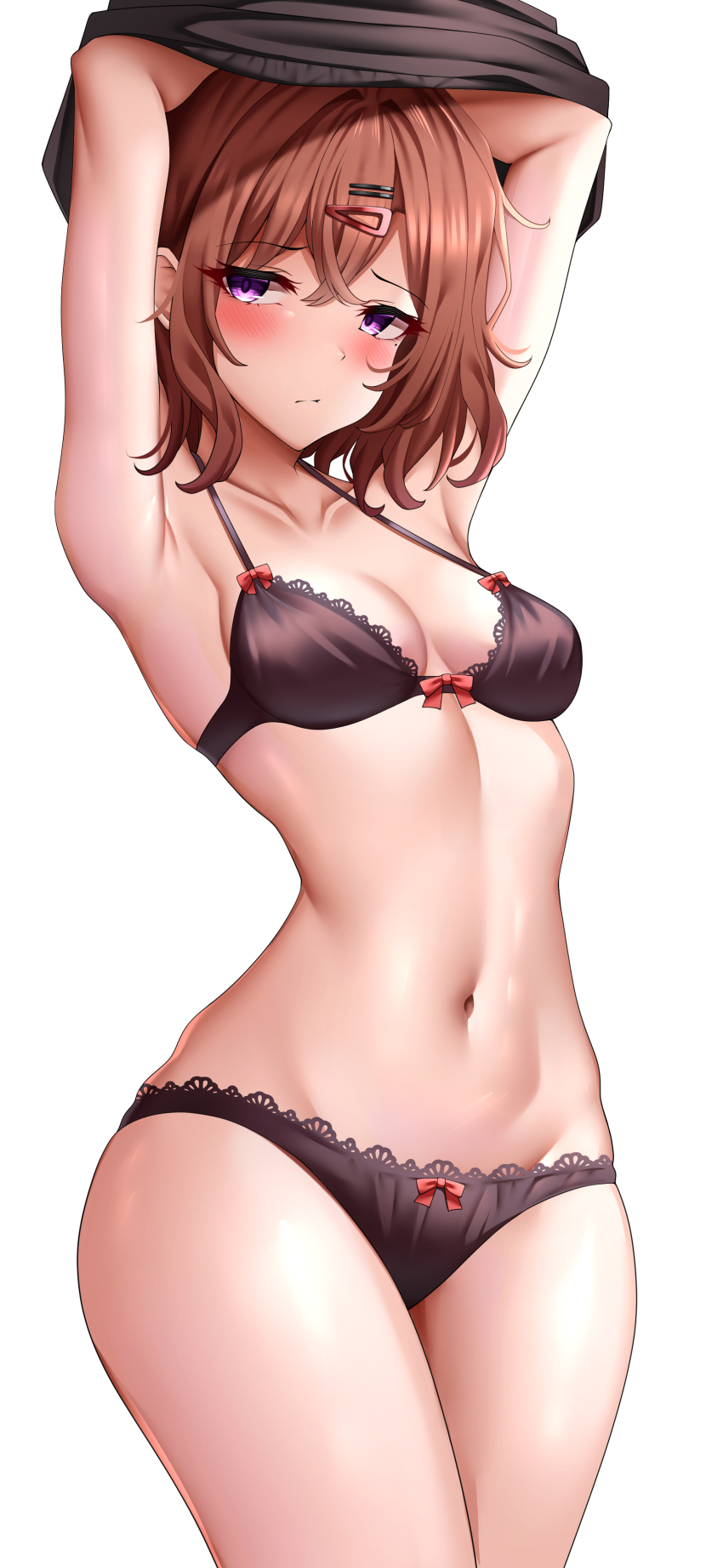 1girl, absurdres, arms_up, black_bra, black_panties, blush, bow, bow_panties, bra, breasts, brown_hair, closed_mouth, collarbone, hair_ornament, hairclip, highres, higuchi_madoka, idolmaster, idolmaster_shiny_colors, lace, lace-trimmed_bra, lace-trimmed_panties, lace_trim, landel, looking_at_viewer, medium_breasts, medium_hair, mole, mole_under_eye, navel, panties, purple_eyes, red_bow, red_hair, short_hair, simple_background, solo, thighs, underwear, undressing, white_background
