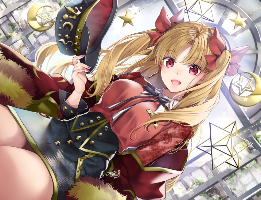 1girl, akatsuki_hijiri, bad_id, bad_pixiv_id, black_hat, black_skirt, blonde_hair, blush