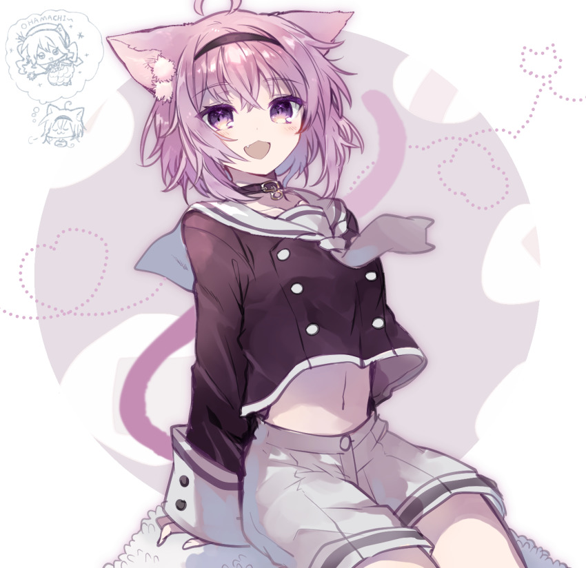 1girl, :d, ahoge, animal_ear_fluff, animal_ears, black_hairband, black_shirt, blush