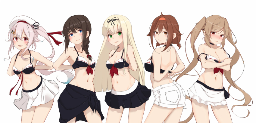 5girls, ahoge, beret, bikini, bikini_skirt, black_bikini, black_hair, black_ribbon