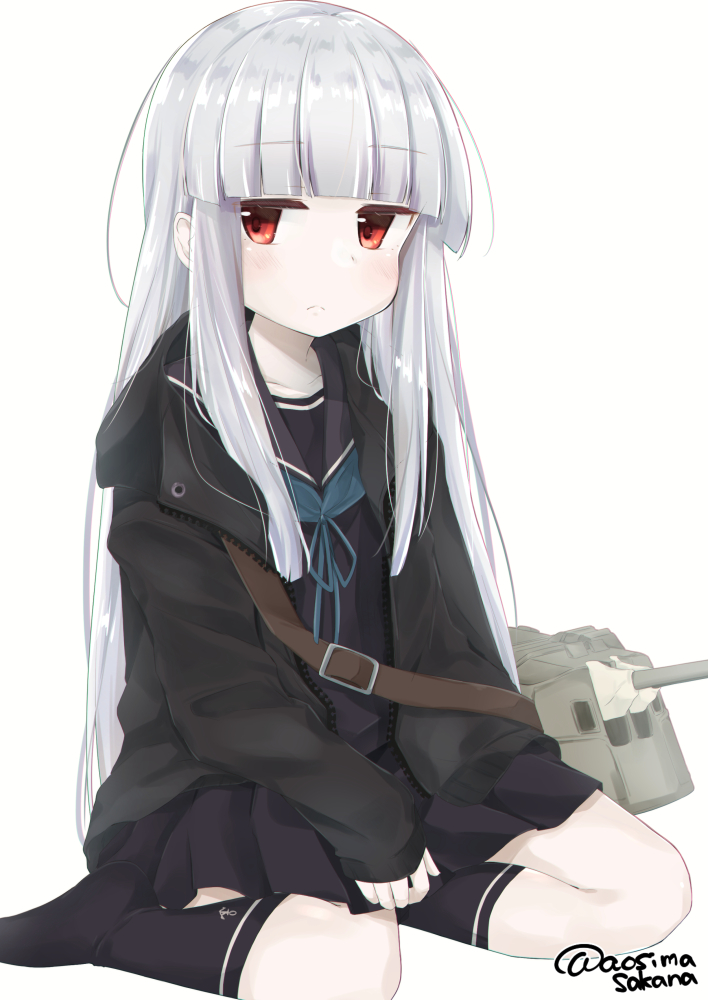 1girl, adapted_turret, albino, anchor_print, aoshima_sakana, artist_name, black_socks, blunt_bangs