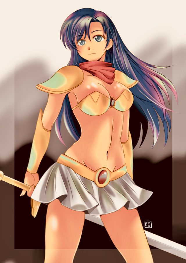 1girl, armor, asou_yuuko, bandana, bikini_armor, blue_eyes, blue_hair, breasts