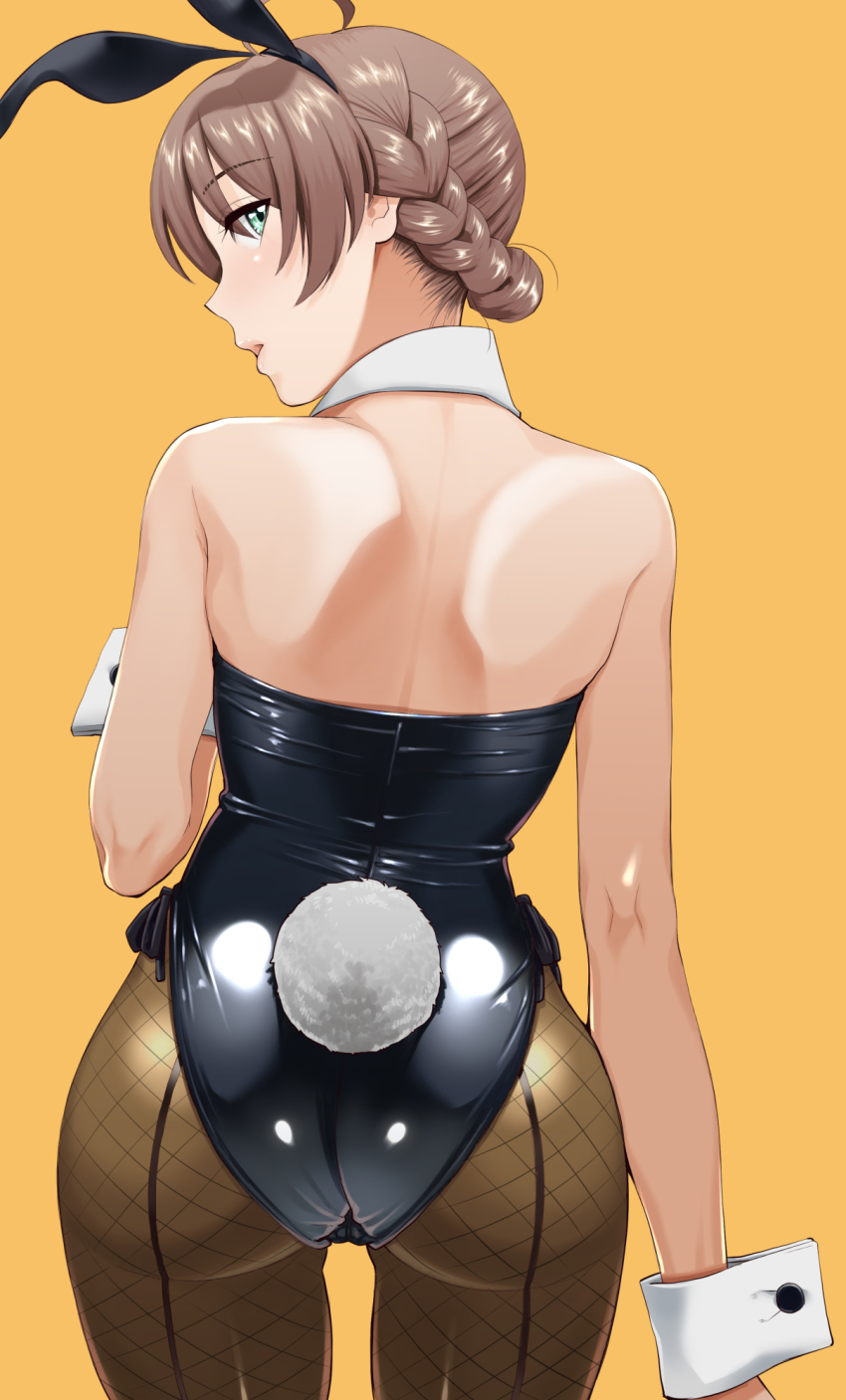 1girl, ahoge, animal_ears, bare_shoulders, black_leotard, black_pantyhose, braid, commentary_request