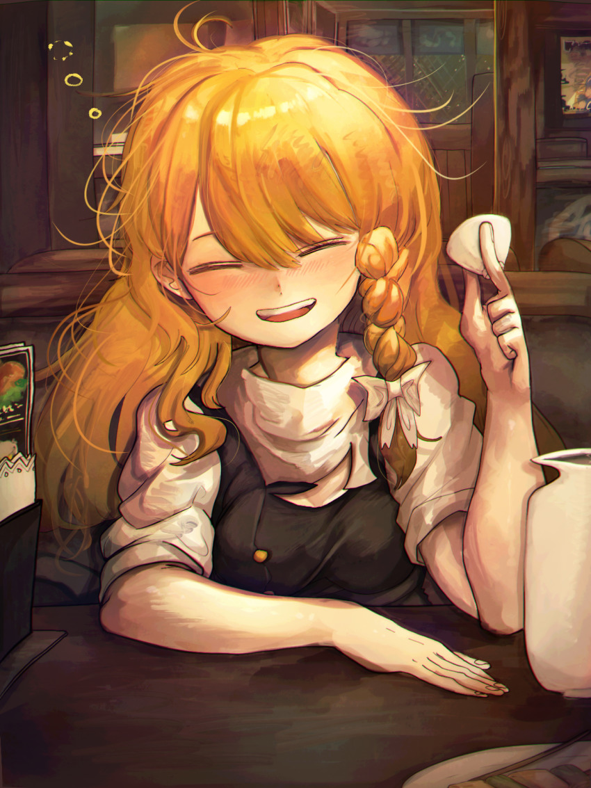 1girl, black_dress, blonde_hair, blush, bow, braid, breasts, buttons, closed_eyes, cup, drawing_(object), dress, drunk, hair_between_eyes, hair_bow, hand_up, highres, kirisame_marisa, long_hair, medium_breasts, messy_hair, missing_headwear, open_mouth, paper, piaki, puffy_short_sleeves, puffy_sleeves, shirt, short_sleeves, single_braid, sitting, smile, solo, squeans, table, teeth, tongue, touhou, wall, white_bow, white_shirt, window