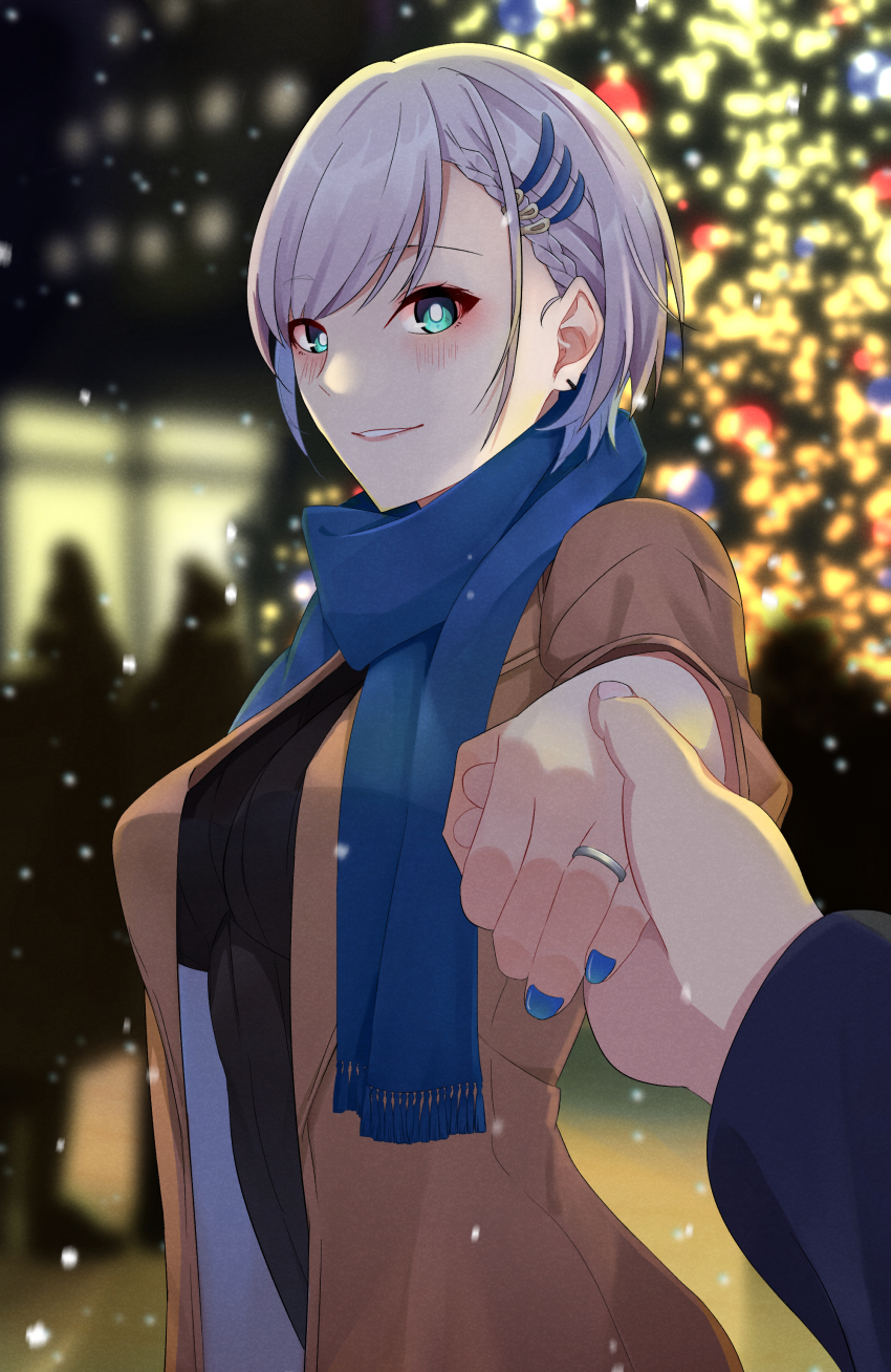 1girl, absurdres, black_sweater, blanc_(studio_artblock), blue_eyes, blue_nails, blue_scarf, blurry