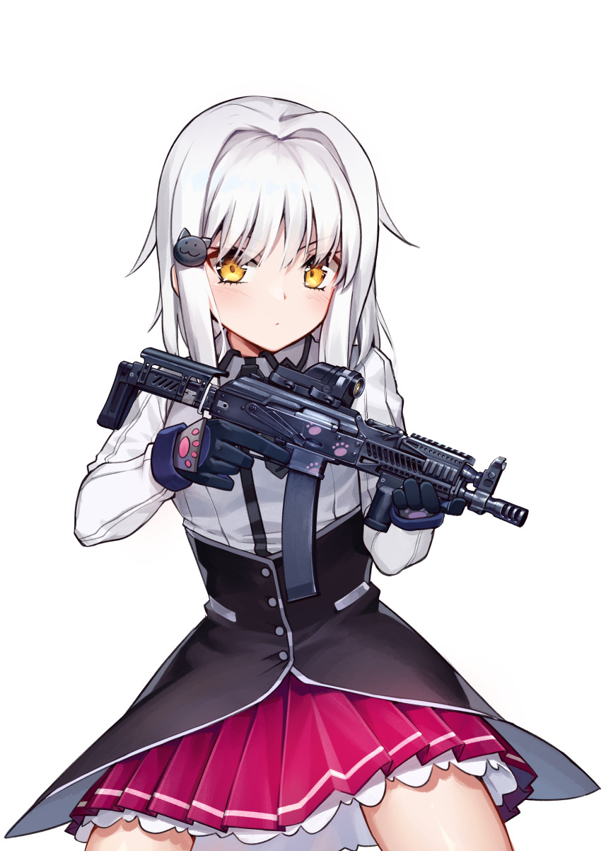1girl, absurdres, baby_animal, black_gloves, cat, cat_hair_ornament, commission, female_focus, gloves, gun, hair_ornament, high_school_dxd, highres, holding, holding_gun, holding_weapon, kitten, personal_defense_weapon, pp-19-01_vityaz, school_uniform, skirt, solo, submachine_gun, toujou_koneko, trigger_discipline, weapon, white_hair, yellow_eyes