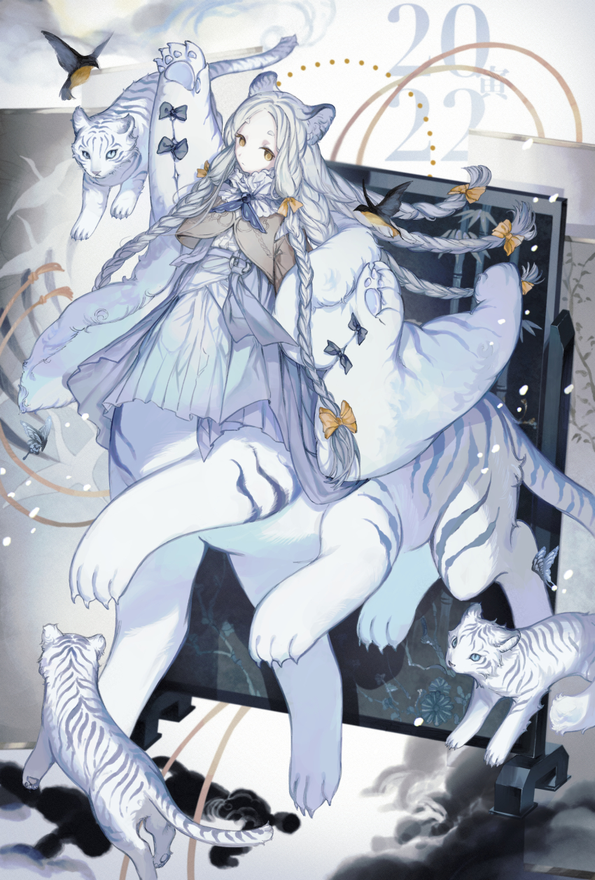 1girl, 2022, absurdres, animal_costume, animal_ears, animal_hands, arm_up, bird