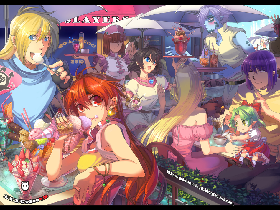 00s, 1990s_(style), 2009, 5boys, 5girls, amelia_wil_tesla_seyruun, bare_shoulders, black_hair, blonde_hair, blue_eyes, blush, bracelet, coffee, copyright_name, crossdressing, dress, earrings, filia_ul_copt, food, frills, gourry_gabriev, green_hair, ice_cream, jewelry, kidodo2008, lina_inverse, long_hair, luke, luna_inverse, lyxu, milina, multiple_boys, multiple_girls, orange_hair, parfait, pentacle, pink_dress, ponytail, purple_hair, red_dress, red_eyes, short_hair, signature, slayers, slayers_try, trap, valgarv, watermark, web_address, white_hair, xelloss, yellow_eyes, zelgadiss_graywords