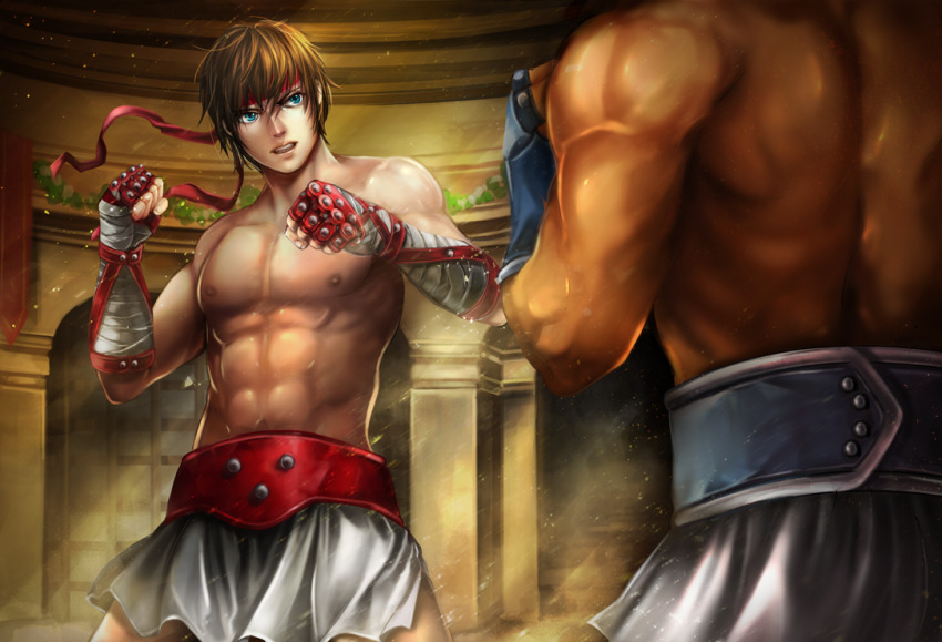 2boys, abs, aqua_eyes, asa02, back, bandaged_arm, bandaged_hand, bandages