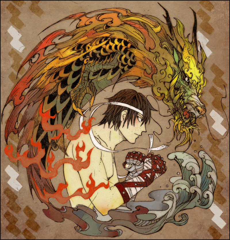 1boy, asa02, bandaged_arm, bandaged_hand, bandages, black_eyes, brown_hair, claws